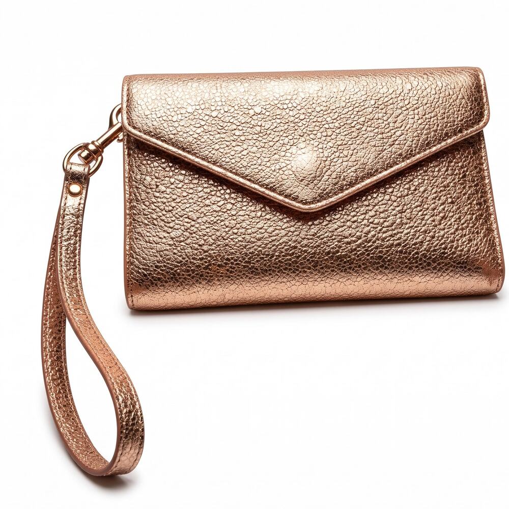 MZ Wallace Gold Metallic Wristlet Pouch Wallet Purse Burgundy Trim Quiet Luxury